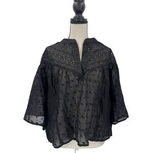 Calypso St Barth NWT Cropped Black Sheer Eyelet Babydoll Blouse Top Size S